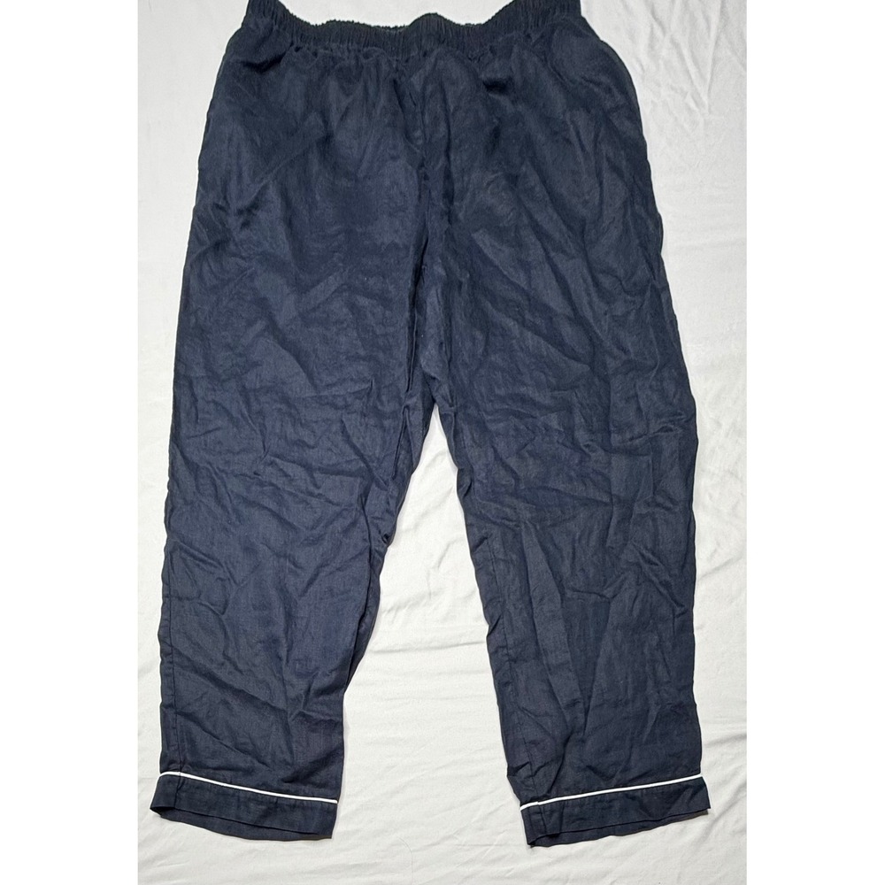 Quince Navy Blue 100% European Linen Pajama Pants White Piping Womens Size L T7